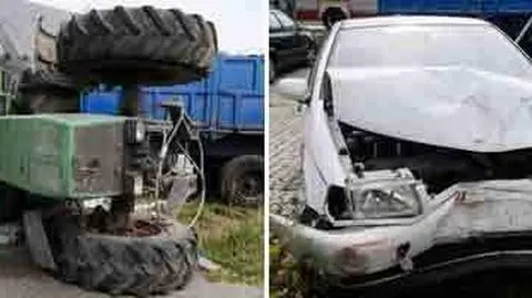 Traktor staranował znaki drogowe i samochód